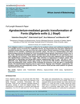 Agrobacterium-Mediated Genetic Transformation of Fonio (Digitaria Exilis (L.) Stapf)