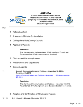 Council and Committee of the Whole Wednesday, December 4, 2019 9:00 AM (Originally Scheduled for November 26, 2019) Council Chamber Chair: George Cornell