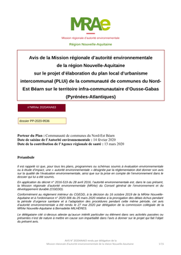 Avis De La Mission Régionale D'autorité Environnementale De La Région Nouvelle-Aquitaine Sur Le Projet D'élaboration Du