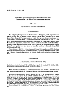 Leptochiton Species (Polyplacophora: Leptochitonidae) (1976) and 2 (1980) Philippines Expeditions 120°50'E, 299-320 13°49'N