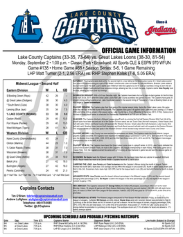 OFFICIAL GAME INFORMATION Lake County Captains (33-35, 73-64) Vs