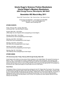 Uncle Hugo's Science Fiction Bookstore Uncle Edgar's Mystery Bookstore 2864 Chicago Avenue, Minneapolis, MN 55407 Newsletter #93 March-May 2011