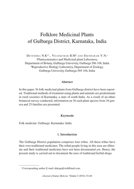 Folklore Medicinal Plants of Gulbarga District, Karnataka, India