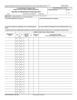 Record of Disposition of Dogs and Cats 1 of Sale Exchange Or Transfer Donation