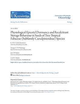 Physiological Epicotyl Dormancy and Recalcitrant Storage Behaviour in Seeds of Two Tropical Fabaceae (Subfamily Caesalpinioideae) Species K