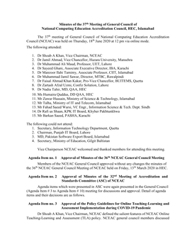 Minutes of the 37Th Meeting of General Council of National Computing Education Accreditation Council, HEC, Islamabad