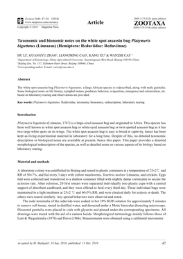 Zootaxa, Taxonomic and Bionomic Notes on the White Spot Assassin