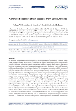 ﻿Annotated Checklist of Fish Cestodes from South America