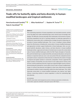 Offs for Butterfly Alpha and Beta Diversity in Human‐ Modified Landscapes and Tropical Rainforests