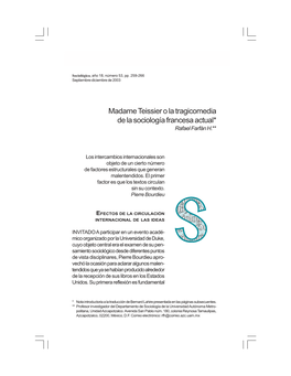 Madame Teissier O La Tragicomedia De La Sociología Francesa Actual* Rafael Farfán H.**