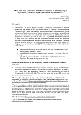 THAILAND: NGO Assessment of the Follow-Up Actions of the State Party in Implementing UN Human Rights Committee’S Recommendations
