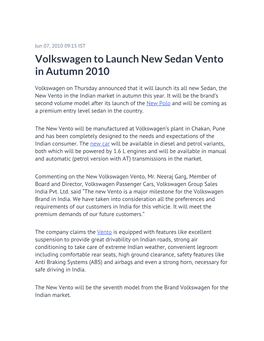 Volkswagen to Launch New Sedan Vento in Autumn 2010