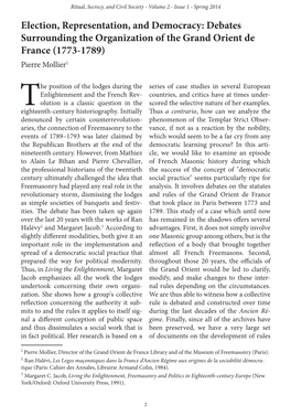 Election, Representation, and Democracy: Debates Surrounding the Organization of the Grand Orient De France (1773-1789) Pierre Mollier1