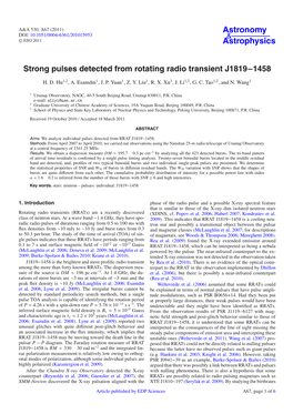 Strong Pulses Detected from Rotating Radio Transient J1819 − 1458