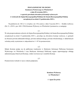 POSTANOWIENIE NR 150/2019 Komisarza Wyborczego We Włocławku I Z Dnia 20 Września 2019 R