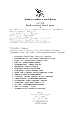 №45, 2020 Slovak International Scientific Journal VOL.1 the Journal Has a Certificate of Registration at the International Centre in Paris – ISSN 5782-5319