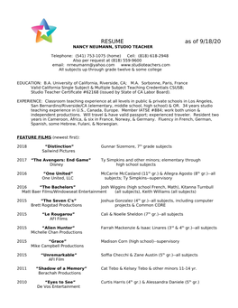 RESUME As of 9/18/20 NANCY NEUMANN, STUDIO TEACHER