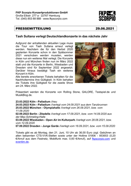 PRESSEMITTEILUNG 29.06.2021 Tash Sultana Verlegt Deutschlandkonzerte in Das Nächste Jahr