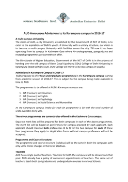 AUD Announces Admissions to Its Karampura Campus in 2016-17