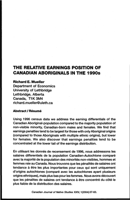 The Relative Earnings Position of Canadian Aboriginals in the 19905