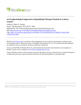 An Ecophysiological Approach to Quantifying Nitrogen Fixation by Lobaria Oregana Author(S): Marie E