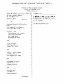 William Sponn, Et Al. V. Emergent Biosolutions, Inc., Et Al. 16-CV-02625-Complaint for Violations of the Federal Securities Laws