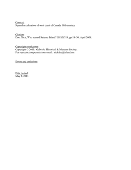 Who Named Saturna Island? SHALE 18, Pp.18–30, April 2008