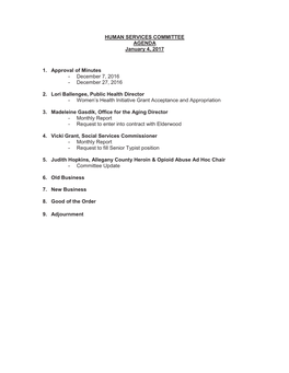 HUMAN SERVICES COMMITTEE AGENDA January 4, 2017