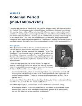 Lesson 2 Colonial Period (Mid-1600S-1765)