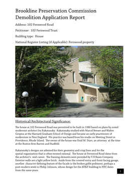 Brookline Preservation Commission Demolition Application Report