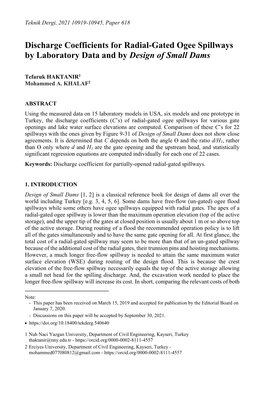 Discharge Coefficients for Radial-Gated Ogee Spillways by Laboratory Data and by Design of Small Dams*