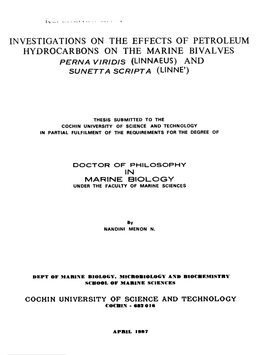 Investigations on the Effects of Petroleum Hydrocarbons on the Marine Bivalves Perna Viridis (Linnaeus) and Sunetta Scripta (Lin