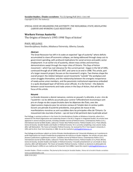 Workers Versus Austerity the Origins of Ontario's 1995‐1998 'Days Of