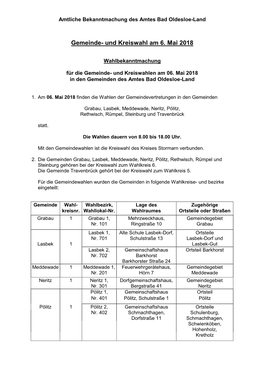 Gemeinde- Und Kreiswahl Am 6. Mai 2018