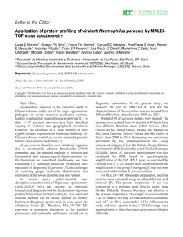 Letter to the Editor Application of Protein Profiling of Virulent Haemophilus Parasuis by MALDI- TOF Mass Spectrometry