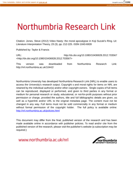 Citation: Jones, Steve (2012) Video Nasty: the Moral Apocalypse in Koji Suzuki's Ring. Lit: Literature Interpretation Theory, 23 (3)