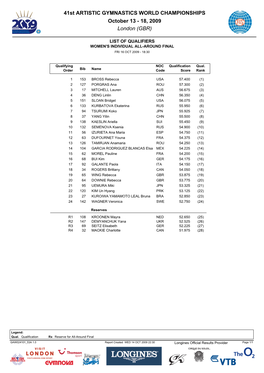 41St ARTISTIC GYMNASTICS WORLD CHAMPIONSHIPS October 13Ана18, 2009 London (GBR)