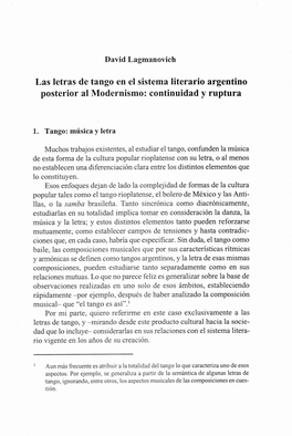 Las Letras De Tango En El Sistema Literario Argentino Posterior Al Modernismo: Continuidad Y Ruptura