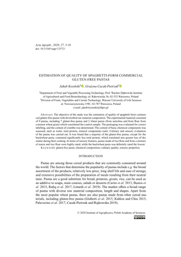 Estimation of Quality of Spaghetti-Form Commercial Gluten-Free Pastas