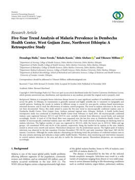 Five-Year Trend Analysis of Malaria Prevalence in Dembecha Health Center, West Gojjam Zone, Northwest Ethiopia: a Retrospective Study