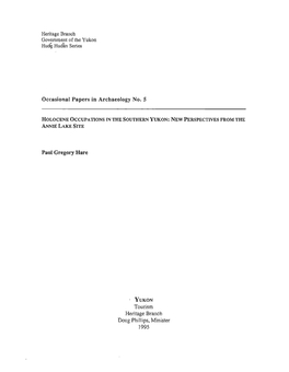 Holocene Occupations in the Southern Yukon: New Perspectives from the Annie Lake Site