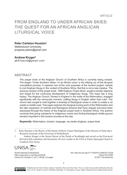 From England to Under African Skies: the Quest for an African Anglican Liturgical Voice
