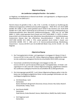 2020-11-30 Allgemeinverfügung Des Landrates Des Landkreises Ludwigslust-Parchim Freitzeit- Und Jugendsport