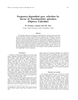 Frequency-Dependent Prey Selection by Larvae of Toxorhynchites Splendens (Diptera: Culicidae)