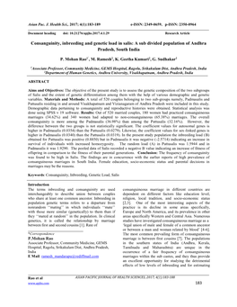 Consanguinity, Inbreeding and Genetic Load in Salis: a Sub Divided Population of Andhra Pradesh, South India