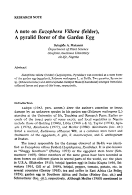 A Note on Euzophera Villora (Felder), a Pyralid Borer of the Garden Egg