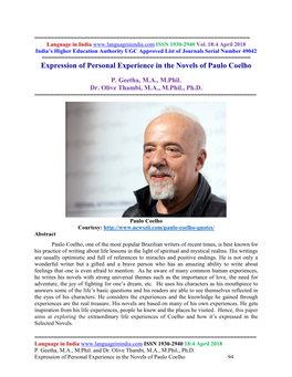 Expression of Personal Experience in the Novels of Paulo Coelho