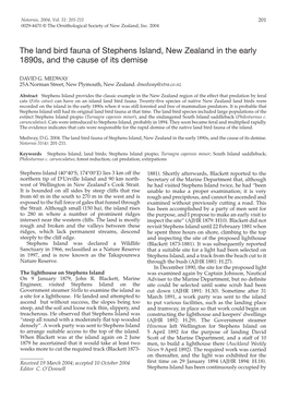 The Land Bird Fauna of Stephens Island, New Zealand in the Early 1890S, and the Cause of Its Demise