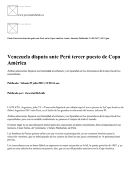 Venezuela Disputa Ante Perú Tercer Puesto De Copa América