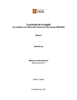 Le Principe De La Mygale Les Mutations De L’Ethos Dans L’Œuvre De Jean Leloup (1989-2004)